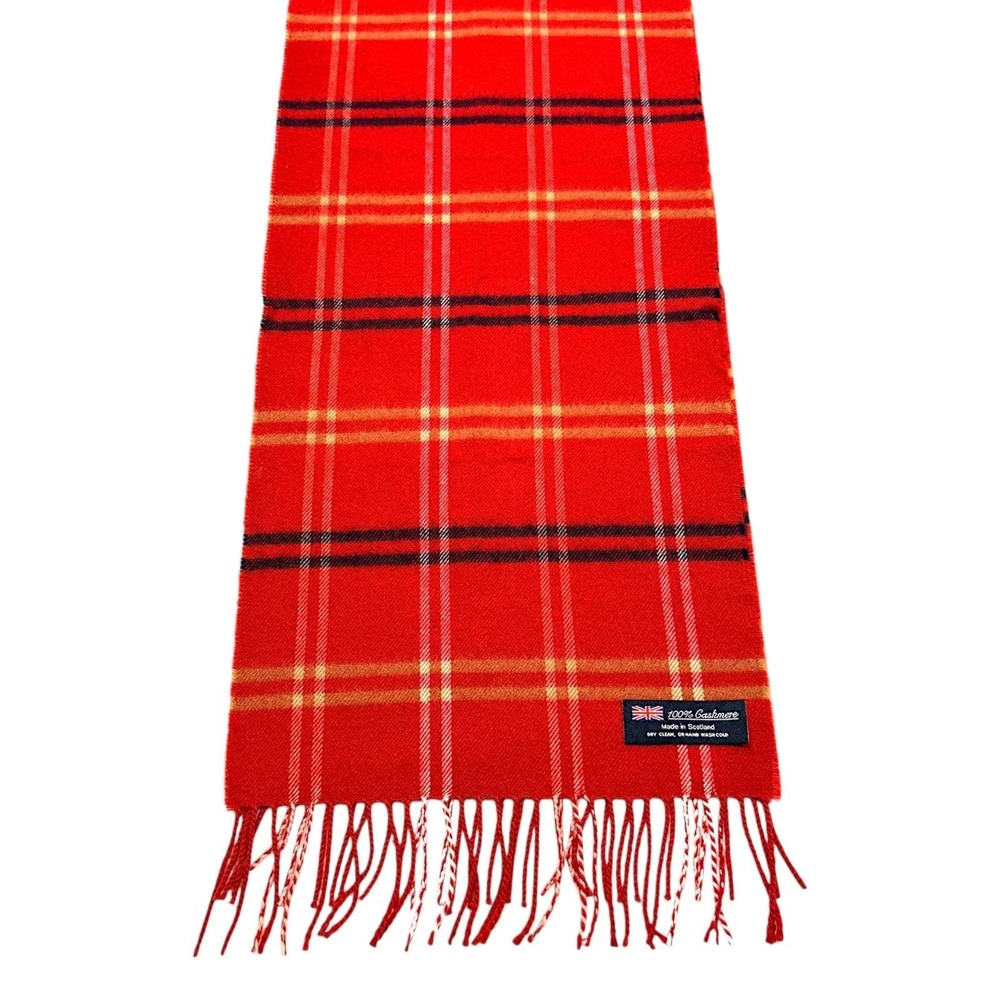Cashmere Scarf Red Plaid With Fringe Made in Scotland 12" x 70" Vintage EC